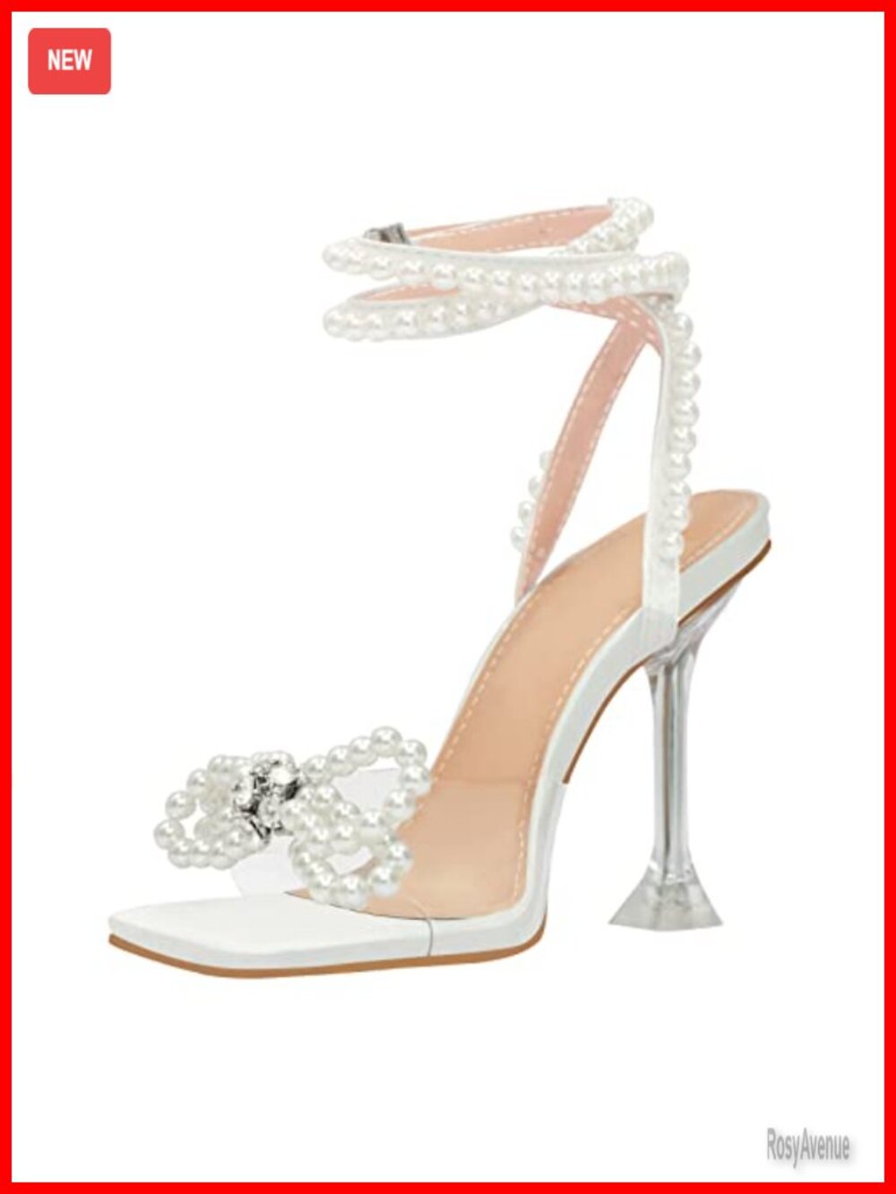 Square Toe Clear Heels Rhinestone Bow Stiletto Ankle Strap Dress Sandals